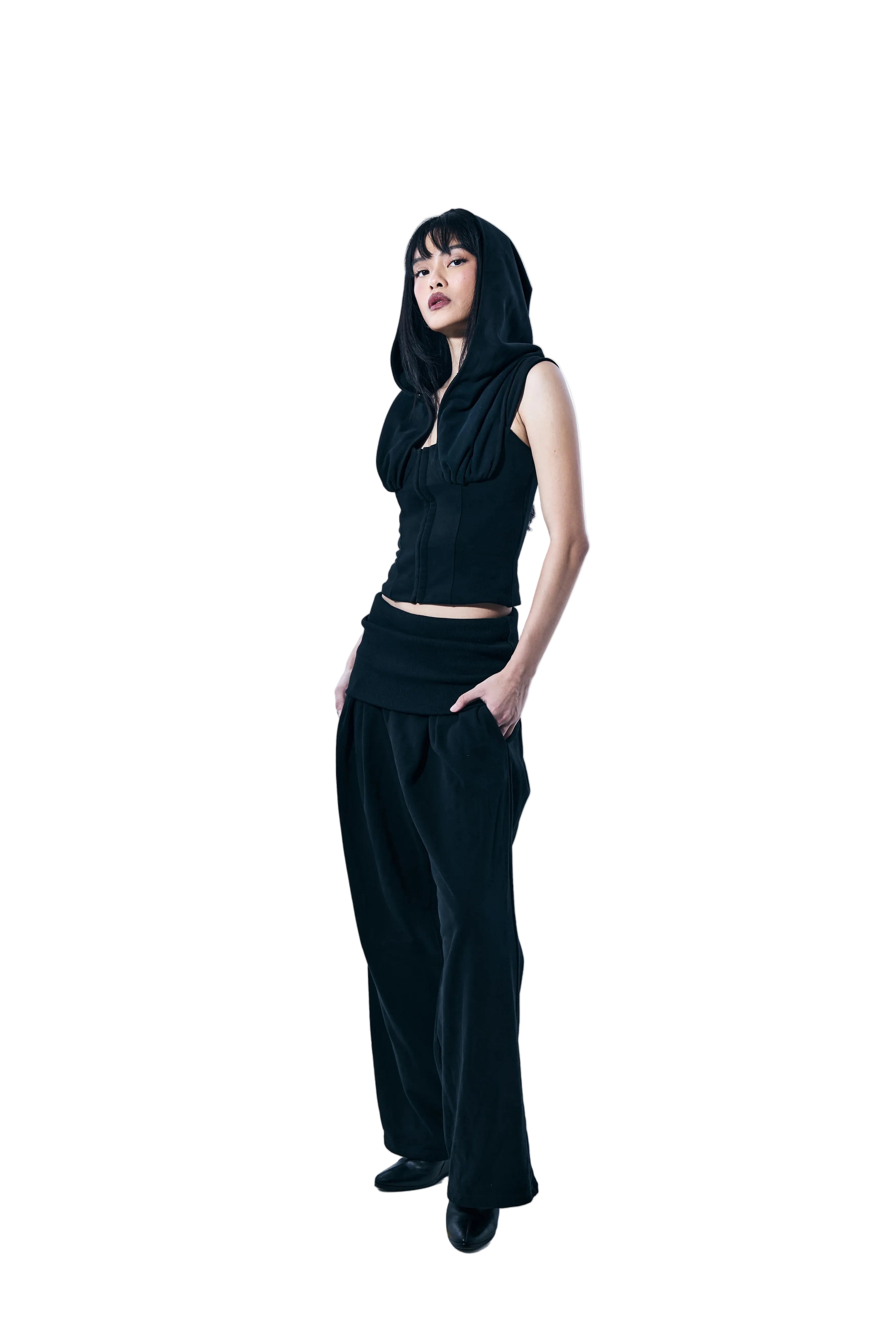 Foldover Pleated Jersey Pant in black