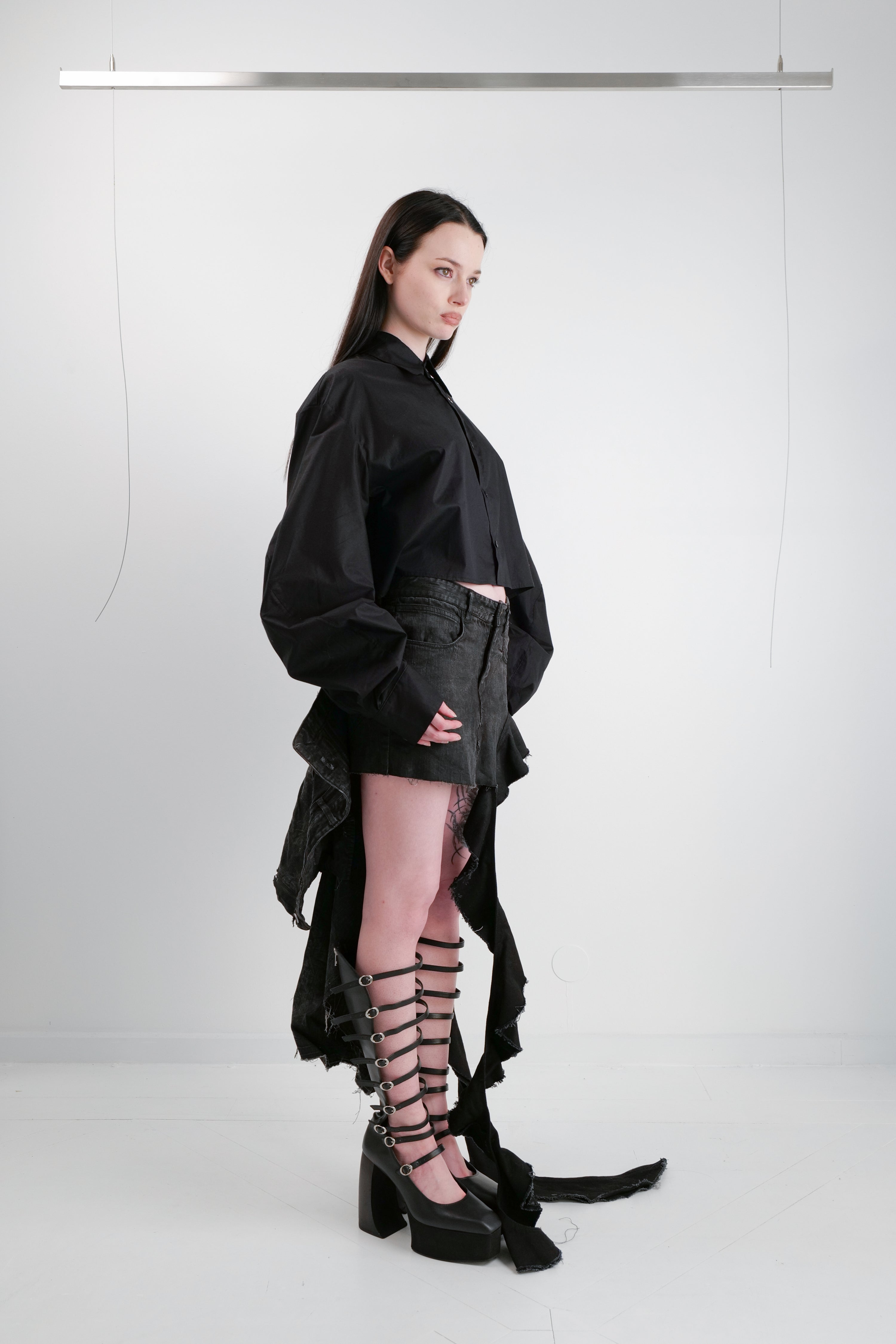 REWORKED DENIM RUFFLE MINI SKIRT