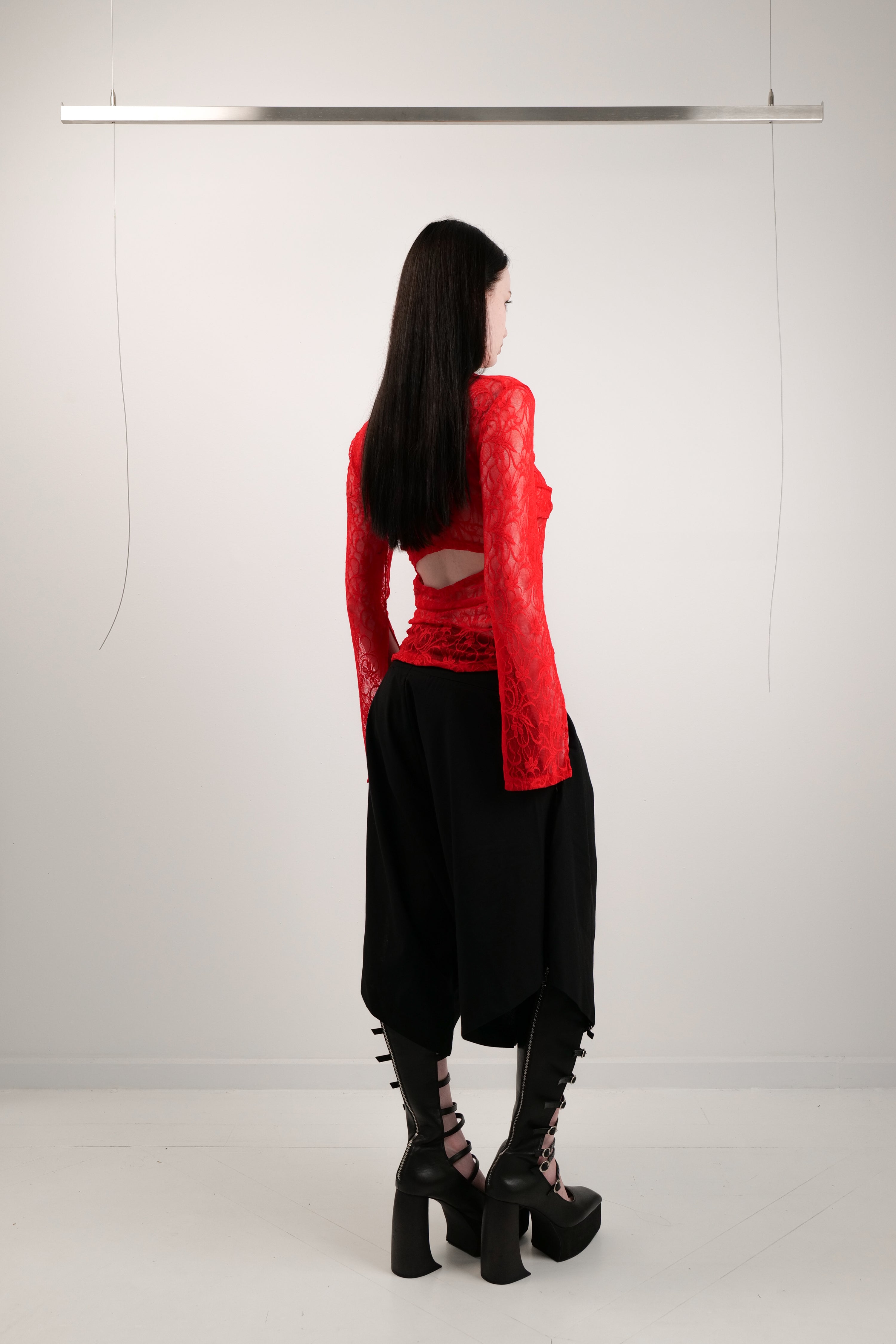 Lace mesh long sleeve red