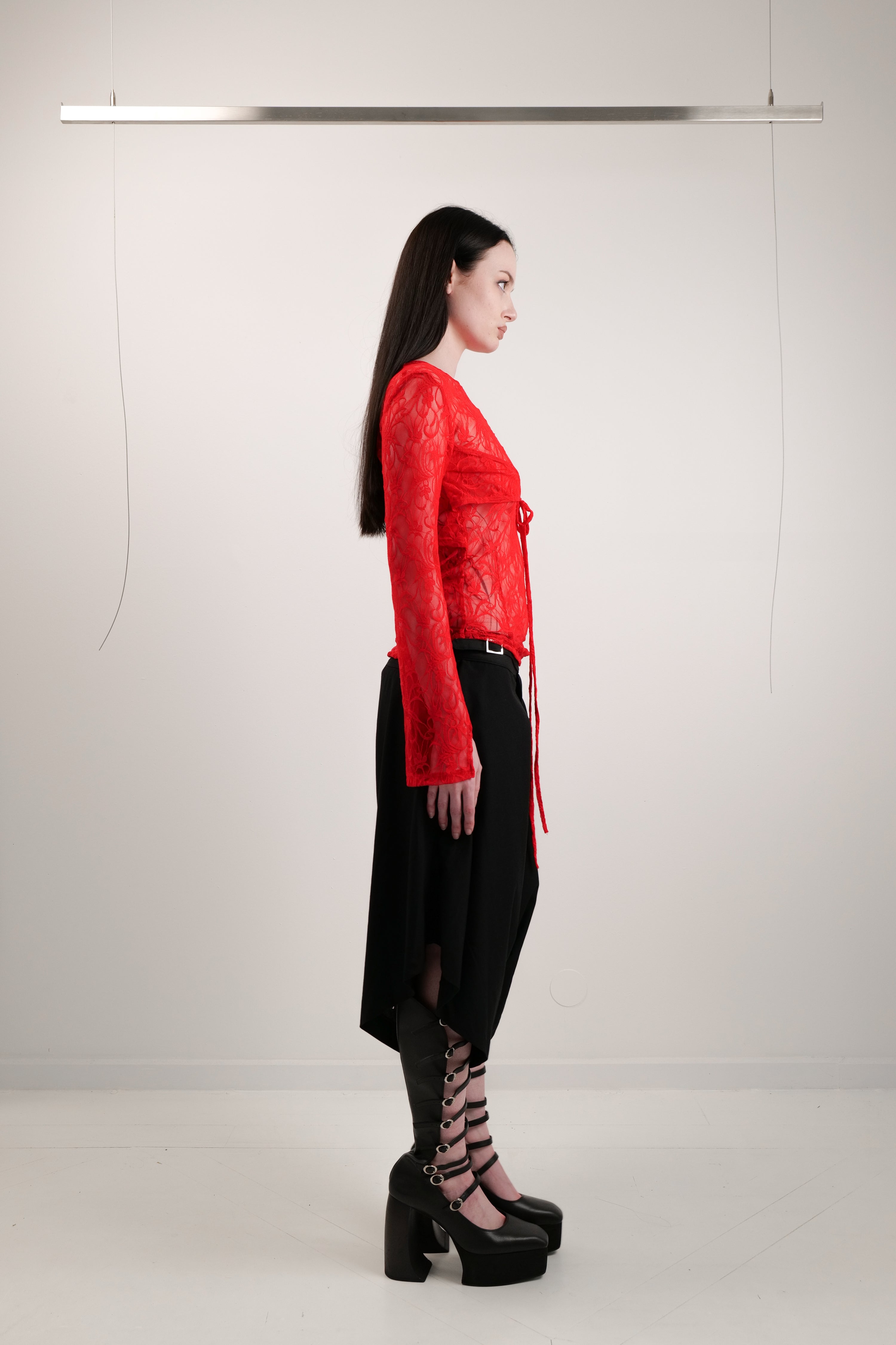 Lace mesh long sleeve red