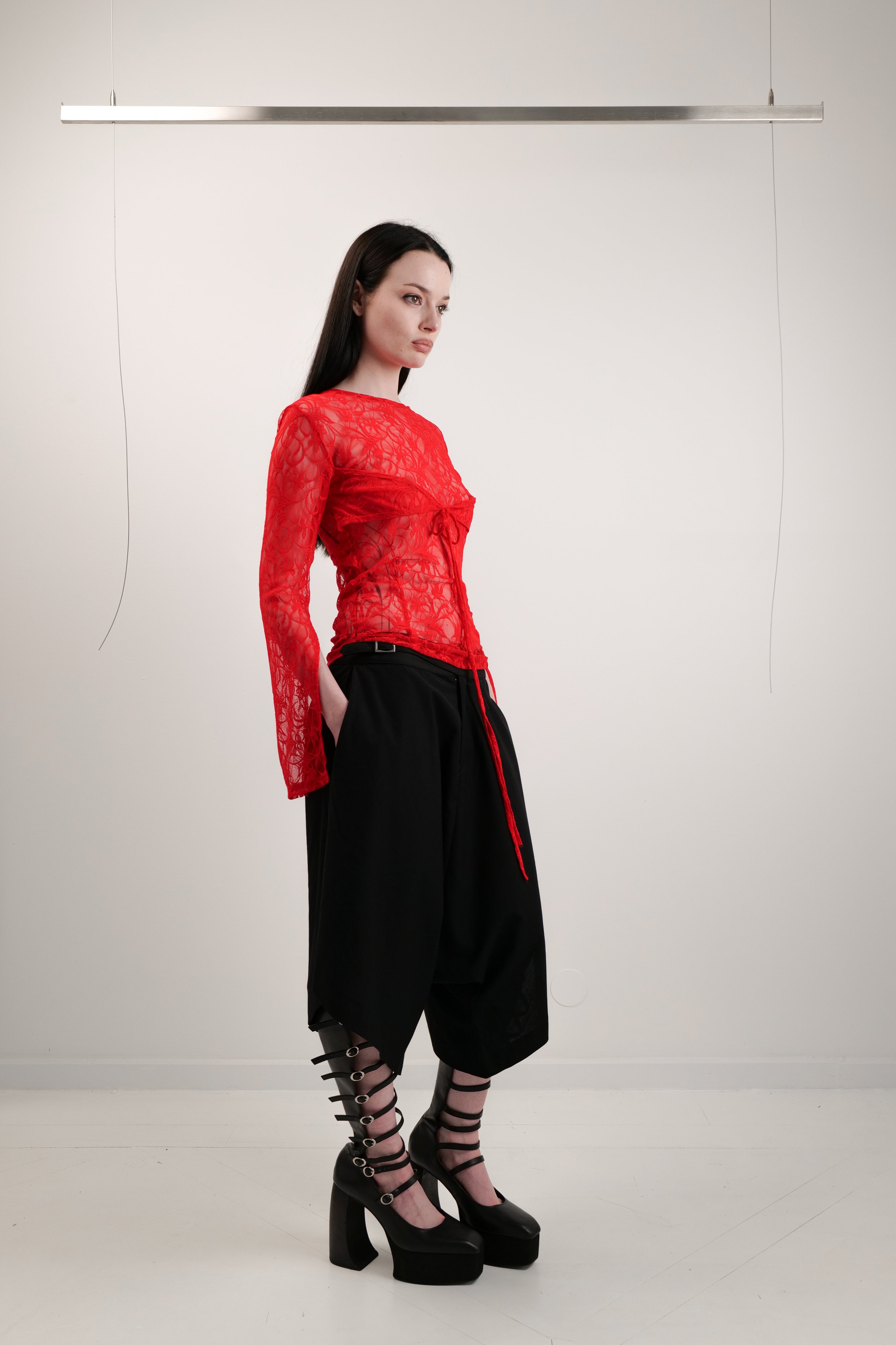 Lace mesh long sleeve red