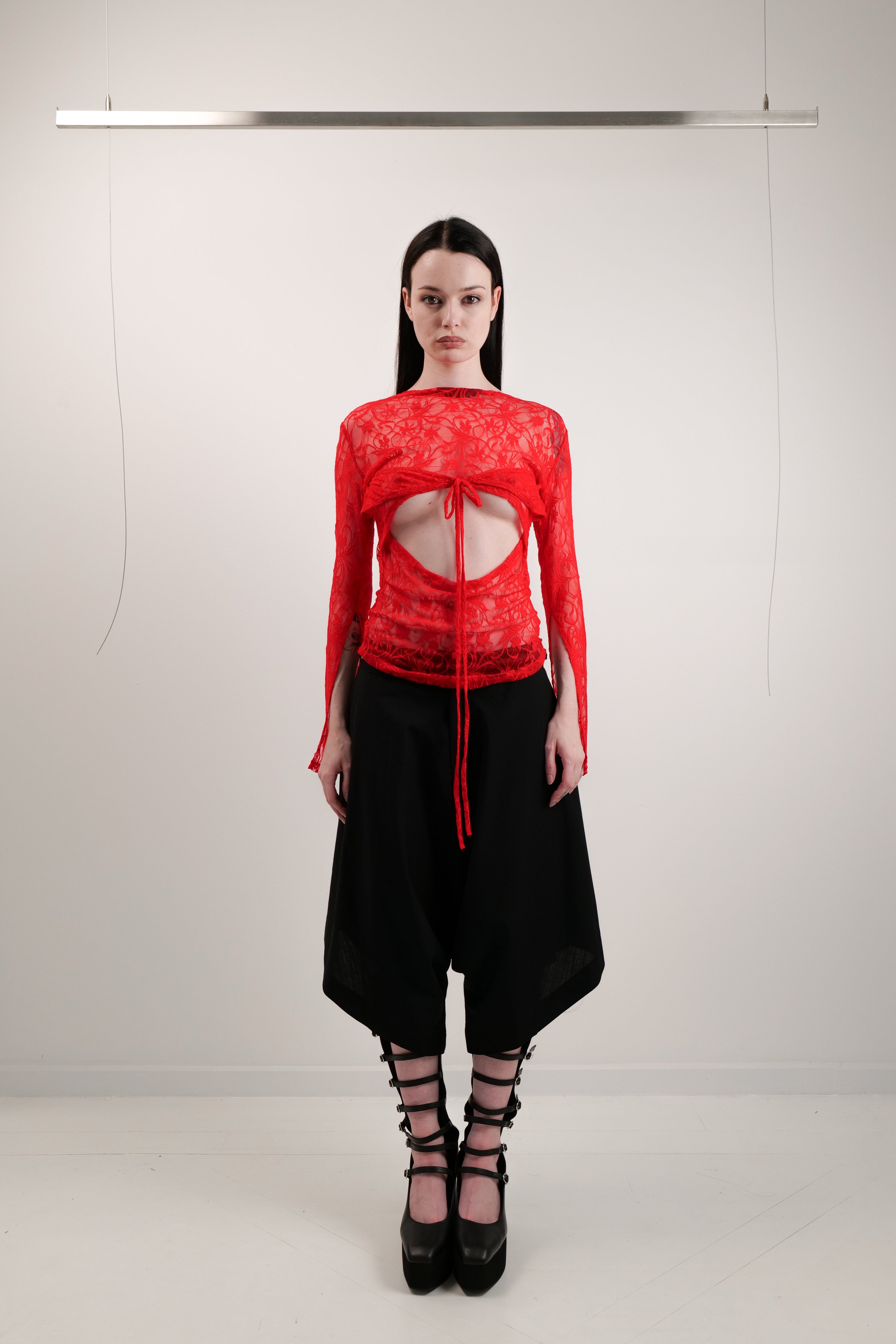 Lace mesh long sleeve red