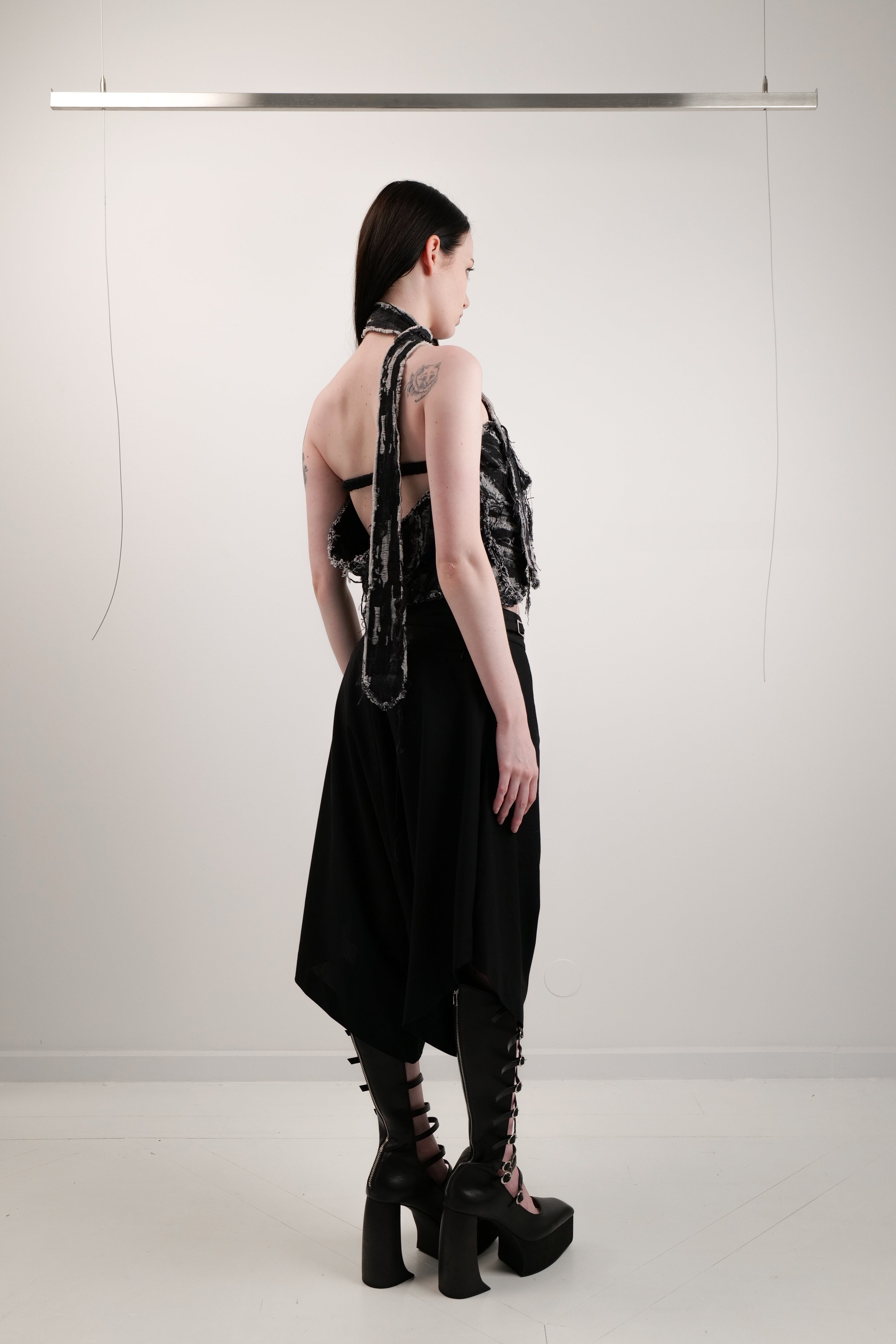 Distressed denim tube top