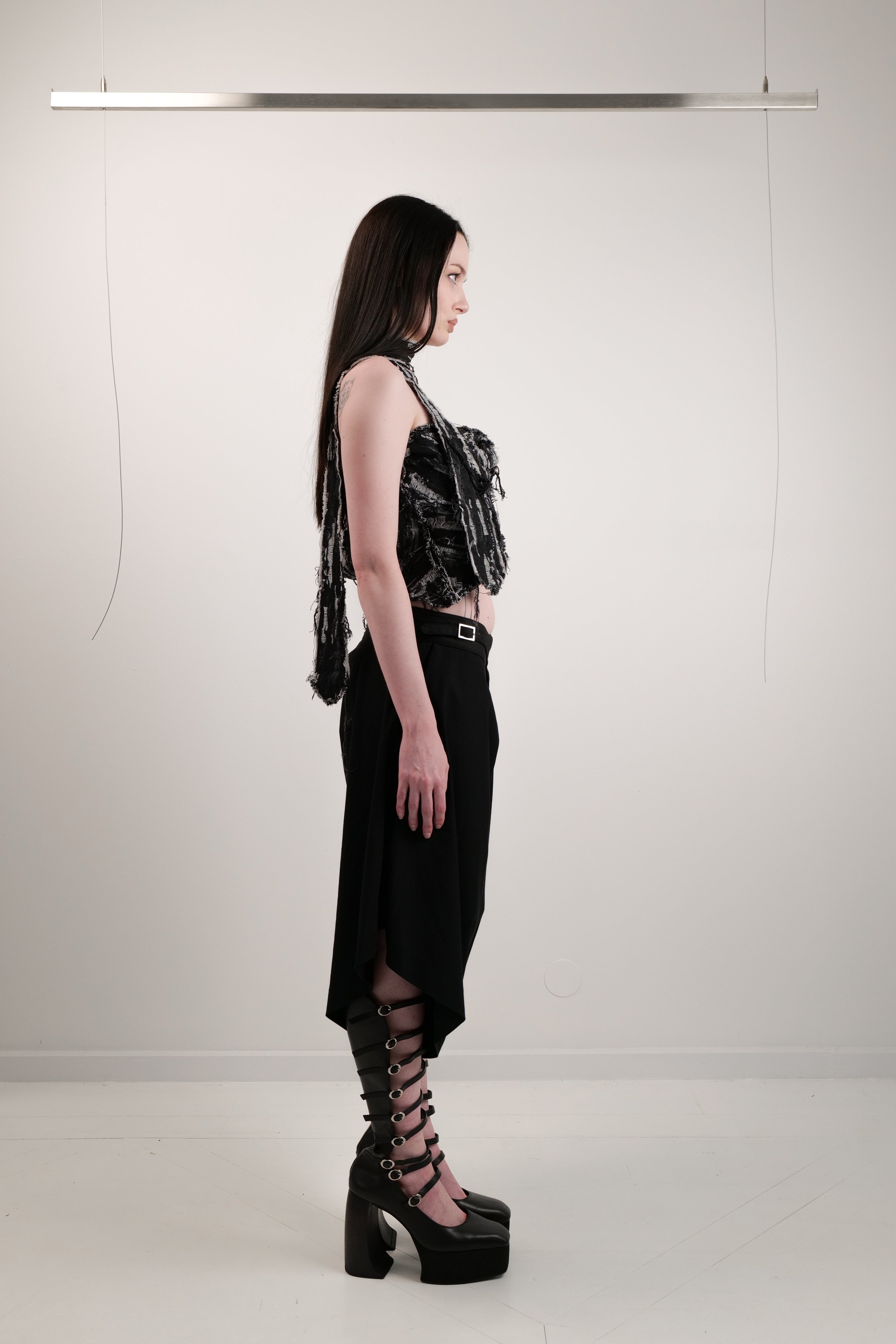 Distressed denim tube top