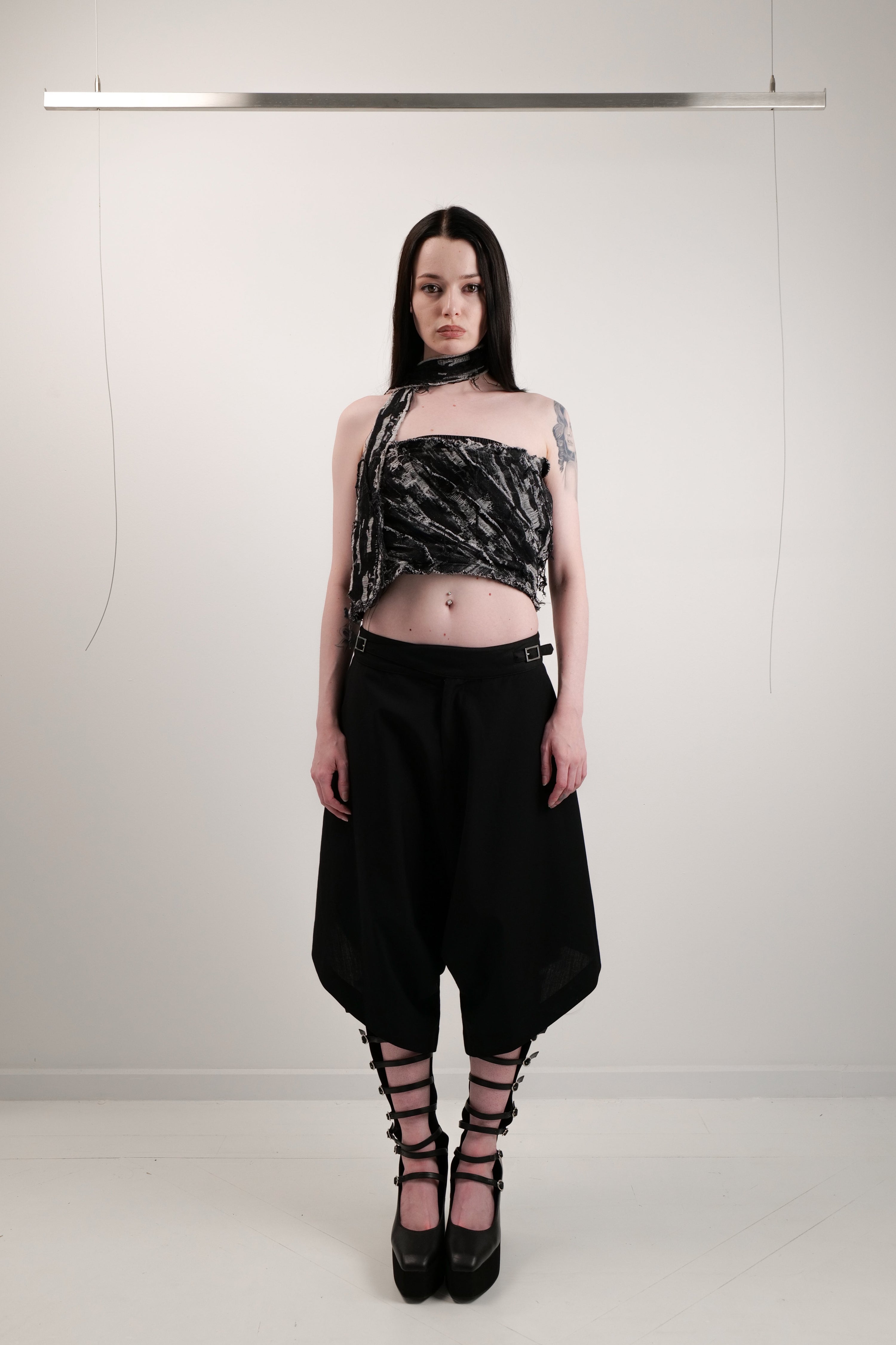 Distressed denim tube top