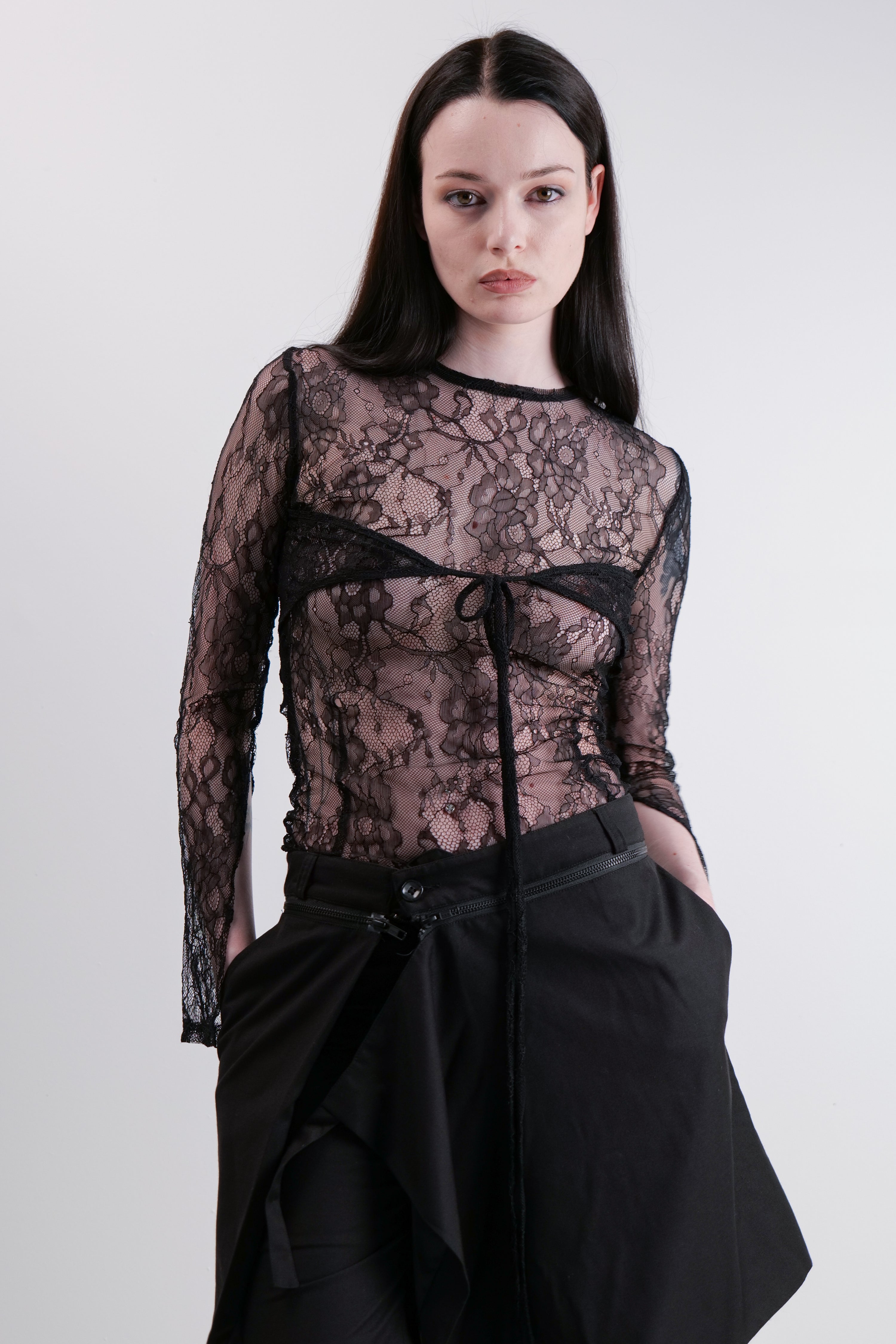 LACE MESH LONG SLEEVE TOP - BLACK
